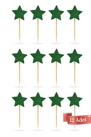 Yeşil Yıldız Simli Eva Kürdan Cupcake Toppers Cupcake Çubuğu 12'li