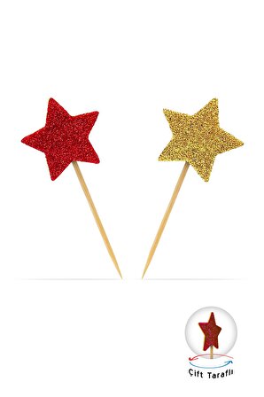Gold-Kırmızı Çift Taraflı  Yıldız Simli Eva Kürdan Cupcake Toppers Cupcake Çubuğu 12'li