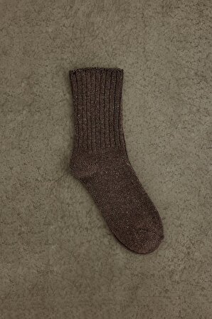Kahverengi Yün Karışımlı Fitilli Çorap