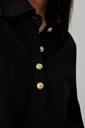 Siyah Mimi Gold Düğmeli Sweatshirt