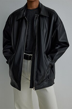 Siyah 90's Suni Deri Ceket