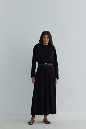 Siyah Mell Beli Lastikli Elbise