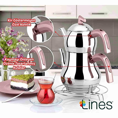 Lines Şahmeran Orta Boy Soft Kulp Çelik Çaydanlık - Rose