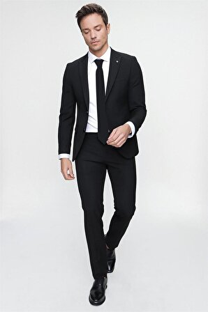 Siyah Basic Düz Slim Fit 3'lü Takım Elbise Slim Fit Gömlek Düz Kravat