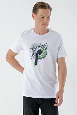  Erkek Beyaz Bisiklet Yaka Trend Baskılı Dynamic Fit Rahat Kesim T-Shirt