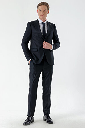  Erkek Lacivert Trend Desenli 8 Drop Slim Fit Takım Elbise