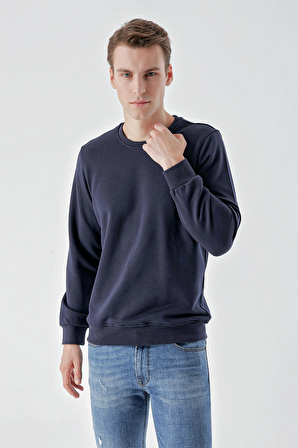  Erkek Lacivert Basic Bisiklet Yaka Sweat-Shirt