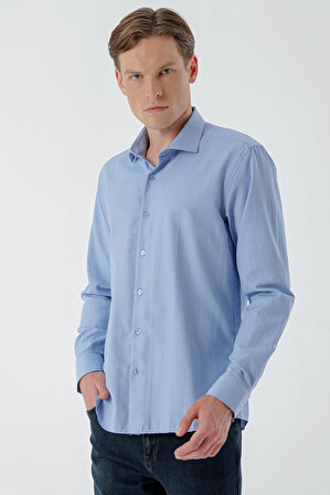  Erkek Mavi Trend Baskılı Desenli İtalyan Yaka Slim Fit Gömlek