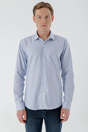  Erkek Mavi Trend Baskılı Desenli İtalyan Yaka Slim Fit Gömlek