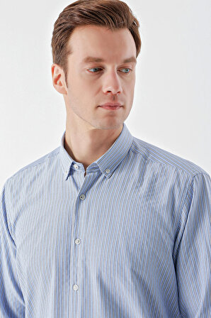  Erkek Mavi Trend Çizgili Desen Düğmeli Yaka Regular Fit Gömlek