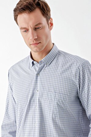  Erkek KOYU LACİVERT Trend Ekoseli Cepli Düğmeli Yaka Regular Fit Gömlek