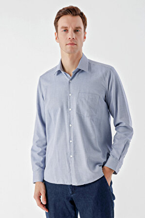  Erkek Mavi Trend Baskılı Desenli Cepli Sert Yaka Regular Fit Gömlek