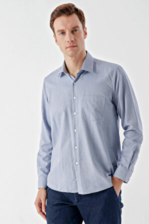  Erkek Mavi Trend Baskılı Desenli Cepli Sert Yaka Regular Fit Gömlek