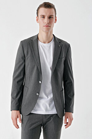  Erkek Gri Poliviskon Trend Çizgili Desen Slim Fit Mono Yaka Takım Elbise