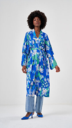 Kolu Piliseli Desenli Mavi Kimono