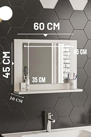 60x45 Cm Modena Banyo Rafı Lavabo Rafı Aynalı Raf Banyo Aynası Beyaz