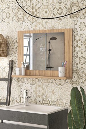 60x45 Cm Modena Banyo Rafı Lavabo Rafı Aynalı Raf Banyo Aynası Çam