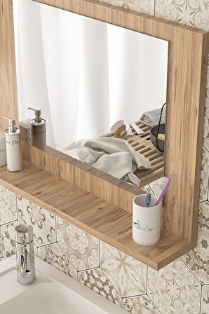 60x45 Cm Modena Banyo Rafı Lavabo Rafı Aynalı Raf Banyo Aynası Çam
