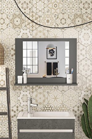 60x45 Cm Modena Banyo Rafı Lavabo Rafı Aynalı Raf Banyo Aynası Antrasit