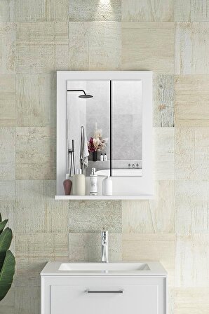 45x60 Cm Verona Banyo Rafı Lavabo Rafı Aynalı Raf Banyo Aynası Beyaz