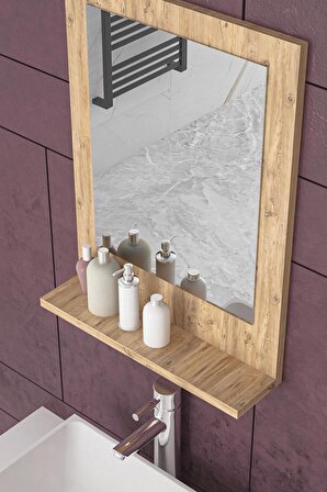 45x60 Cm Verona Banyo Rafı Lavabo Rafı Aynalı Raf Banyo Aynası Çam