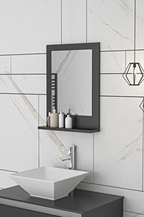 45x60 Cm Verona Banyo Rafı Lavabo Rafı Aynalı Raf Banyo Aynası Antrasit