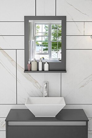45x60 Cm Verona Banyo Rafı Lavabo Rafı Aynalı Raf Banyo Aynası Antrasit