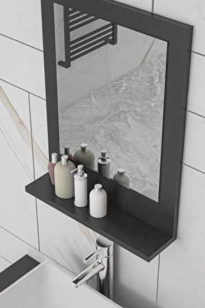 45x60 Cm Verona Banyo Rafı Lavabo Rafı Aynalı Raf Banyo Aynası Antrasit