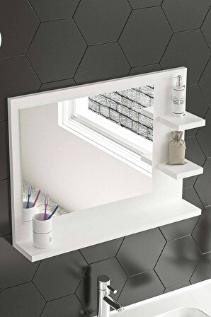 60x45 Cm Genova Banyo Rafı Lavabo Rafı Aynalı Raf Banyo Aynası Beyaz