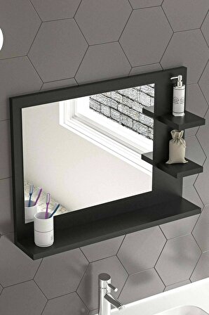 60x45 Cm Genova Banyo Rafı Lavabo Rafı Aynalı Raf Banyo Aynası Antrasit