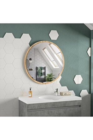 60 Cm Porto Banyo Aynası Dekoratif Lavabo Aynası Yuvarlak Ayna Çam