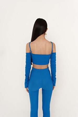 Crop Model Askılı Uzun Kol Molly Bluz Mavi