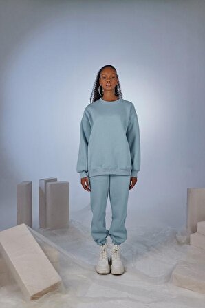 Kadın Mavi Oversize Şardonlu Yazı Baskılı Fluffy Sweatshirt