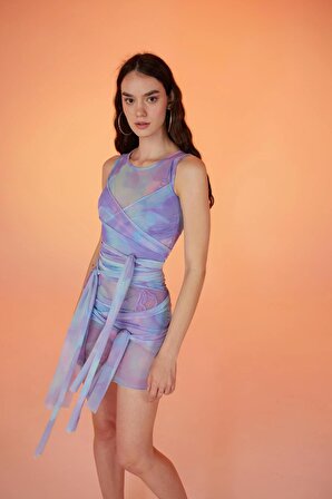 Bağlama Detaylı Ensek Tül Wrap Elbise Lila