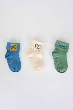 Erkek Bebek Kaydirmaz Tabanli 3'lü Organik Pamuklu Uzun Çorap A1411A5NSKR1