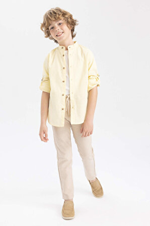 DeFacto Erkek Çocuk Dik Yaka Keten Görünümlü Uzun Kollu Gömlek Z1035A623SMYL155