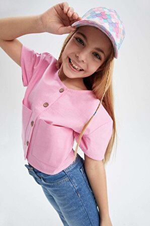 Kız Çocuk Modern Fit V Yaka Keten Görünümlü Kisa Kollu Gömlek