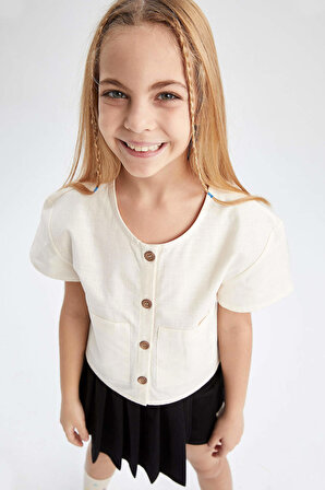 Kız Çocuk Modern Fit V Yaka Keten Görünümlü Kisa Kollu Gömlek