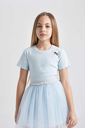 Kız Çocuk 23 Nisan Çocuk Bayramı Slim Fit Fitilli Kaşkorse Kısa Kollu Tişört