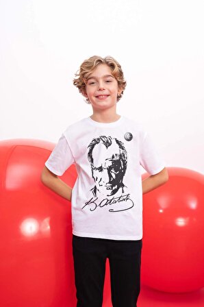 Erkek Çocuk Bisiklet Yaka Atatürk Baskılı Kısa Kollu Tişört