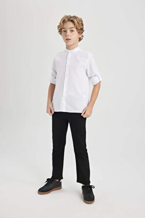 Erkek Çocuk Regular Fit Dik Yaka Dokulu Uzun Kollu Gömlek