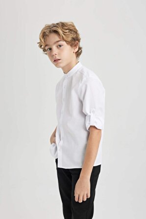 Erkek Çocuk Regular Fit Dik Yaka Dokulu Uzun Kollu Gömlek