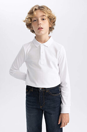 Erkek Çocuk Beyaz Uzun Kollu Polo Tişört