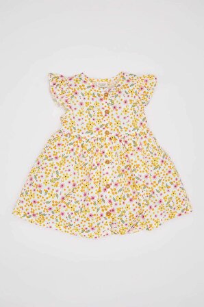 Kız Bebek Desenli Kısa Kollu Keten Görünümlü Elbise