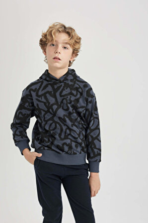 Erkek Çocuk Oversize Fit Kapüşonlu Desenli Sweatshirt