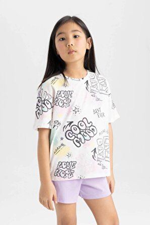 Kız Çocuk Oversize Fit Baskılı Kısa Kollu Pijama Takımı