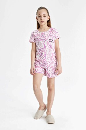 Kız Çocuk Desenli Kısa Kollu Pijama Takımı