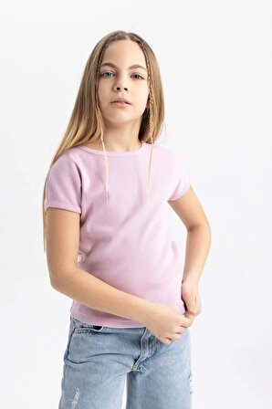 Kız Çocuk Slim Fit Fitilli Kaşkorse Kısa Kollu Tişört