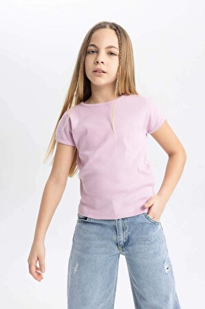 Kız Çocuk Slim Fit Fitilli Kaşkorse Kısa Kollu Tişört