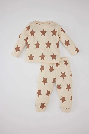 Erkek Bebek Yıldız Desenli Uzun Kollu Fitilli Kaşkorse 2'li Pijama Takımı
